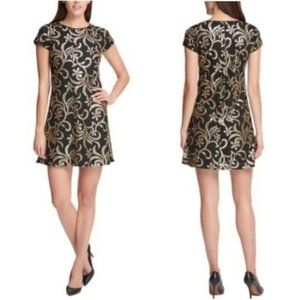 Black Gold Sequin Embellished Cocktail Dress; Excellent Condition; Worn Once